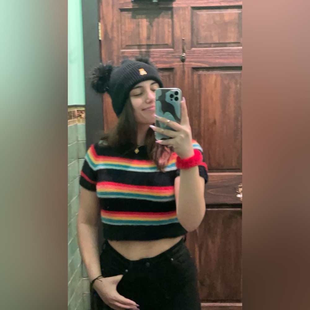 Striped Fuzzy Knit Crop Top Short Sleeved Sweater
